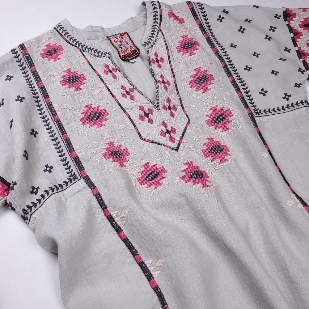 Johnny Was Gray Linen Pink Embroidered Tunic Dress Sz S - Picture 10 of 16
